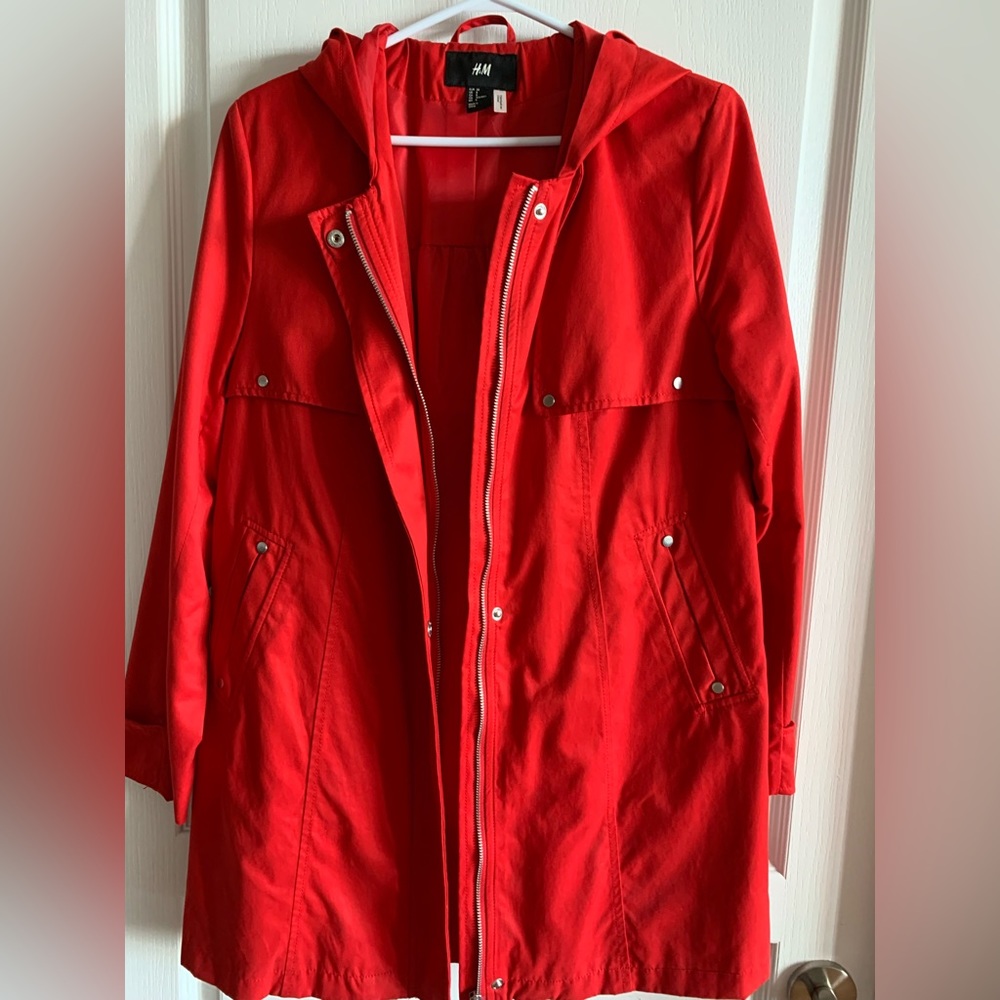 H&M bright red hooded jacket in size 8